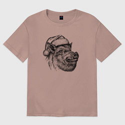 Футболка оверсайз женская Кабан новогодний, цвет: пыльно-розовый