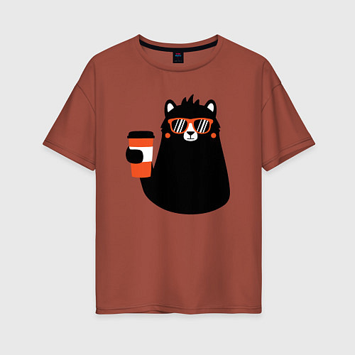 Женская футболка оверсайз Мишка с напитком / Кирпичный – фото 1