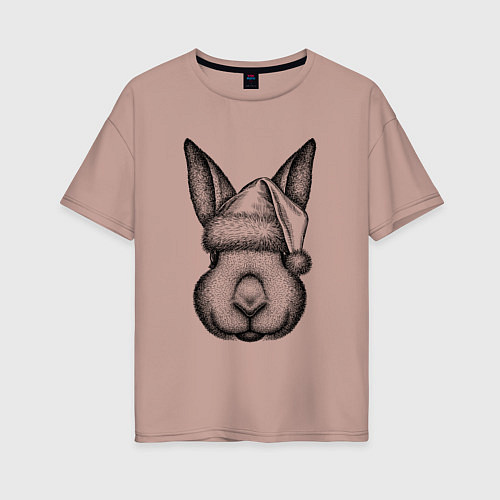 Женская футболка оверсайз Кролик в новогодней шапке / Пыльно-розовый – фото 1
