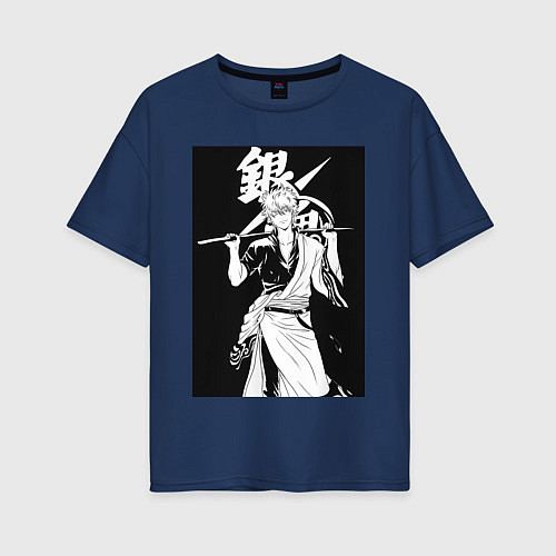 Женская футболка оверсайз Гинтама Самурай / Тёмно-синий – фото 1