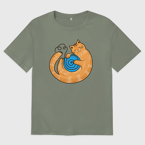 Женская футболка оверсайз Арт мультяшный рыжий кот с клубком спит котуром / Авокадо – фото 1