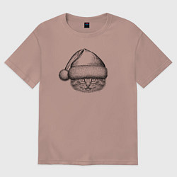 Футболка оверсайз женская Котенок в новогоднем колпаке, цвет: пыльно-розовый