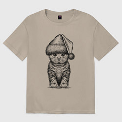 Футболка оверсайз женская Новогодний котенок анфас, цвет: миндальный