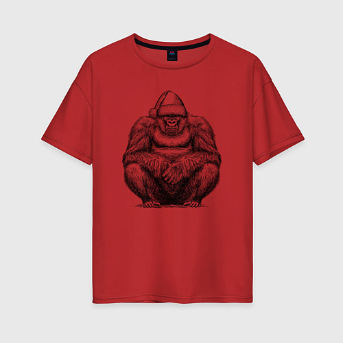 Женская футболка оверсайз Новогодняя горилла на корточках / Красный – фото 1