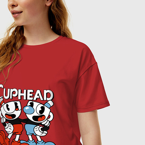 Женская футболка оверсайз Cuphead and Mugman / Красный – фото 3
