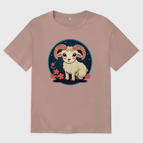 Женская футболка оверсайз Барашек знак зодиака Овен на фоне цветов / Пыльно-розовый – фото 1