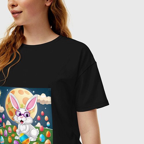 Женская футболка оверсайз Зайчик ботаник / Черный – фото 3