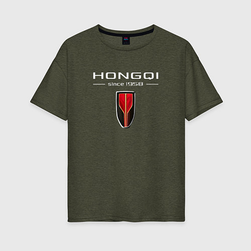 Женская футболка оверсайз Hongqi - logo / Меланж-хаки – фото 1