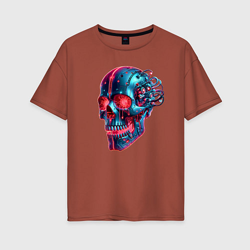 Женская футболка оверсайз Metal cyber skull - ai art / Кирпичный – фото 1
