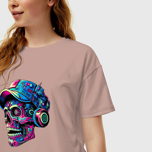 Женская футболка оверсайз Кибер череп чувак в наушниках - нейросеть / Пыльно-розовый – фото 3