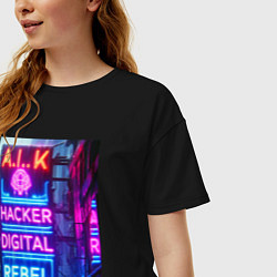 Футболка оверсайз женская Ai hacker digital rebel - neon glow, цвет: черный — фото 2