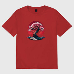 Футболка оверсайз женская Цветение сакуры на фоне восхода солнца, цвет: красный