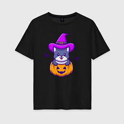 Футболка оверсайз женская Kitty halloween, цвет: черный