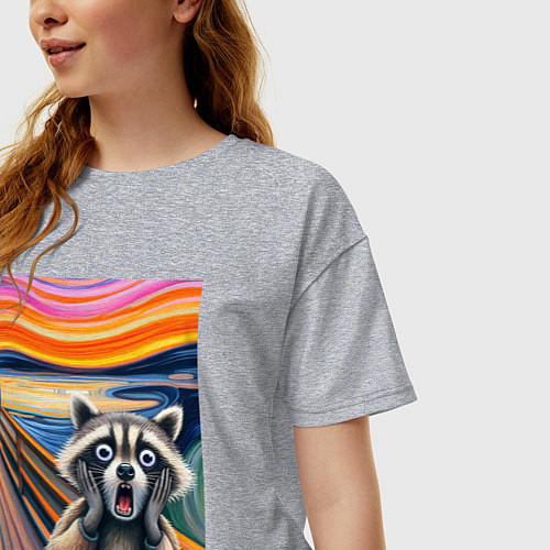 Женская футболка оверсайз Енот кричит - мем нейросеть / Меланж – фото 3