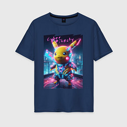 Футболка оверсайз женская Cyber Pikachu - neon glow ai art fantasy, цвет: тёмно-синий