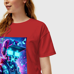Футболка оверсайз женская Minecraft and Cyberpunk collaboration - ai art neo, цвет: красный — фото 2