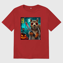 Футболка оверсайз женская Белочка с окровавленным ножом и в маске - хэллоуин, цвет: красный