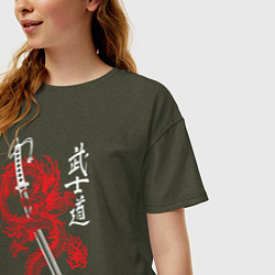 Футболка оверсайз женская Кодекс самурая - путь воина, цвет: меланж-хаки — фото 2