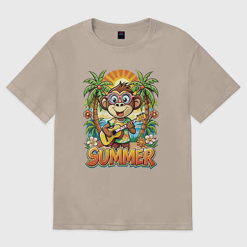 Женская футболка оверсайз Обезьянка с гитарой летний вайб / Миндальный – фото 1