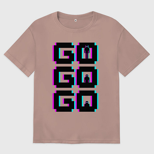 Женская футболка оверсайз Надпись чёрного цвета go go go с человечками / Пыльно-розовый – фото 1