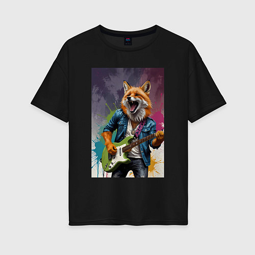 Женская футболка оверсайз Лис рок-звезда / Черный – фото 1