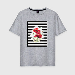 Женская футболка оверсайз Акварельные маки на полосатом фоне