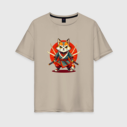 Женская футболка оверсайз Рыжий кот самурай с мечами / Миндальный – фото 1
