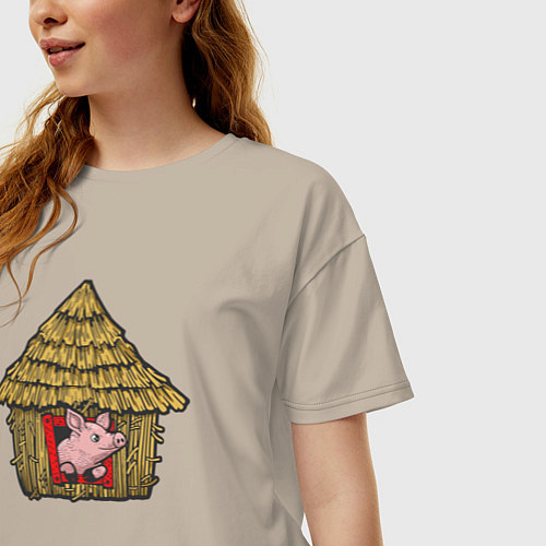 Женская футболка оверсайз Поросёнок в соломенном домике / Миндальный – фото 3