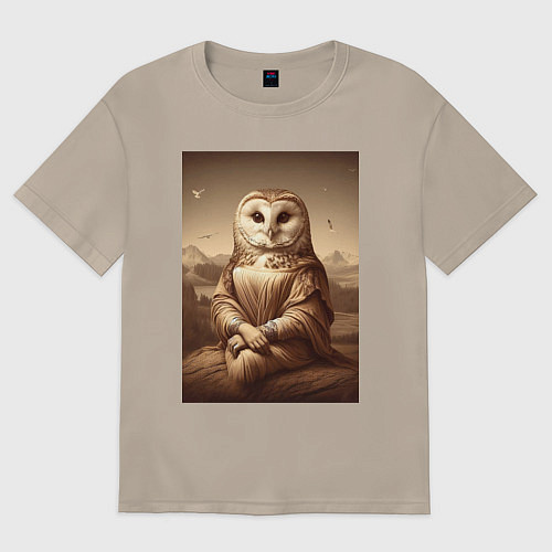 Женская футболка оверсайз Сова Мона - фантазия от нейросети / Миндальный – фото 1
