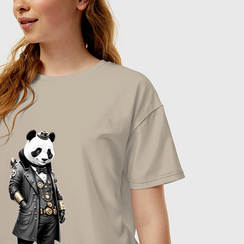 Женская футболка оверсайз Панда стимпанк / Миндальный – фото 3