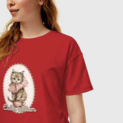 Футболка оверсайз женская Милый котенок в винтажном стиле, цвет: красный — фото 2