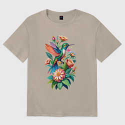 Футболка оверсайз женская Колибри среди цветов, цвет: миндальный