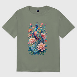 Футболка оверсайз женская Павлин среди цветов, цвет: авокадо