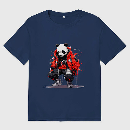 Женская футболка оверсайз Модная панда в красной куртке / Тёмно-синий – фото 1
