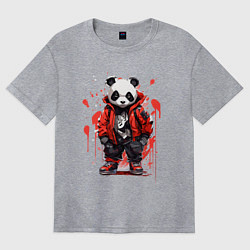 Футболка оверсайз женская Модная панда в красной куртке, цвет: меланж