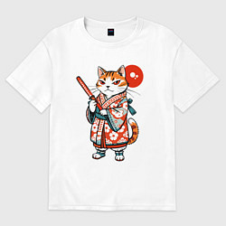 Футболка оверсайз женская Кошечка в кимоно в японском стиле, цвет: белый