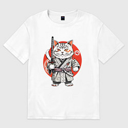 Футболка оверсайз женская Ниндзя кот с саблей красное солнце, цвет: белый