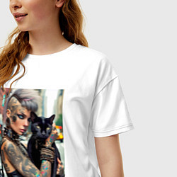 Футболка оверсайз женская Девчонка панк в татухах с чёрным котом - нейросеть, цвет: белый — фото 2