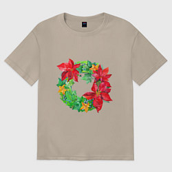 Футболка оверсайз женская Новогодний венок из плюща и пуансеттии, цвет: миндальный