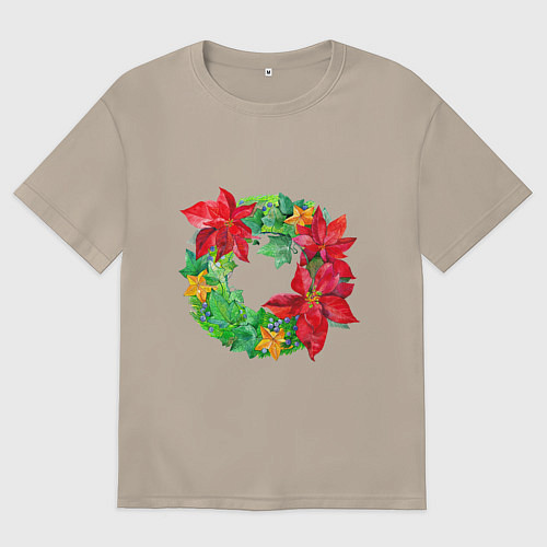 Женская футболка оверсайз Новогодний венок из плюща и пуансеттии / Миндальный – фото 1