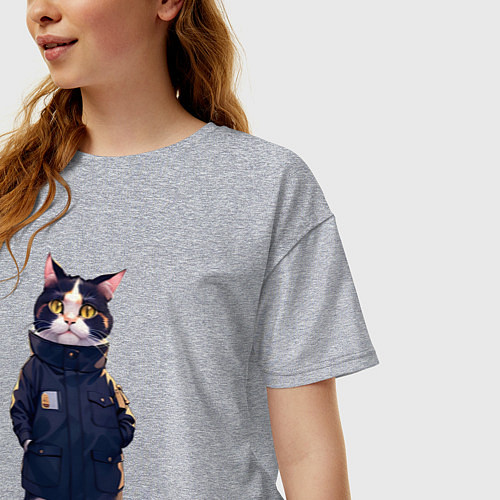 Женская футболка оверсайз Кот в длинной куртке / Меланж – фото 3