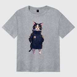 Футболка оверсайз женская Кот в длинной куртке, цвет: меланж
