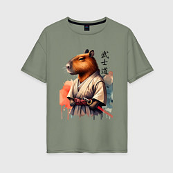 Футболка оверсайз женская Capybara samurai - ai art fantasy, цвет: авокадо