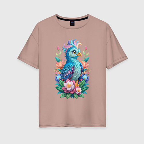 Женская футболка оверсайз Голубая птица среди цветов / Пыльно-розовый – фото 1