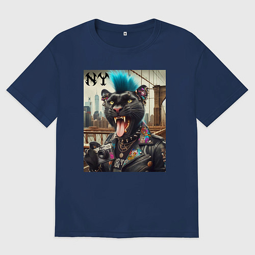 Женская футболка оверсайз Чувак пантера панк с фотоаппаратом - нейросеть / Тёмно-синий – фото 1