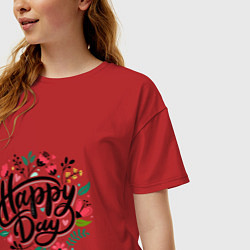 Футболка оверсайз женская Happy day с цветами, цвет: красный — фото 2