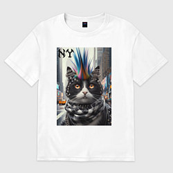 Женская футболка оверсайз Кот панк с разноцветным хаером - Нью-Йорк