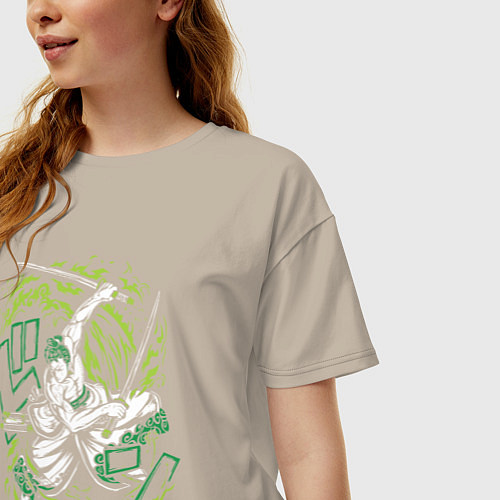 Женская футболка оверсайз One piece зоро зеленый вихрь / Миндальный – фото 3