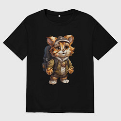 Футболка оверсайз женская Тигрёнок-турист, цвет: черный