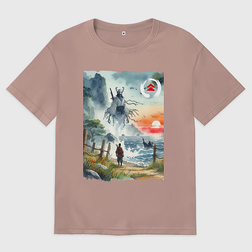 Женская футболка оверсайз Ghost of Tsushima - watercolor / Пыльно-розовый – фото 1